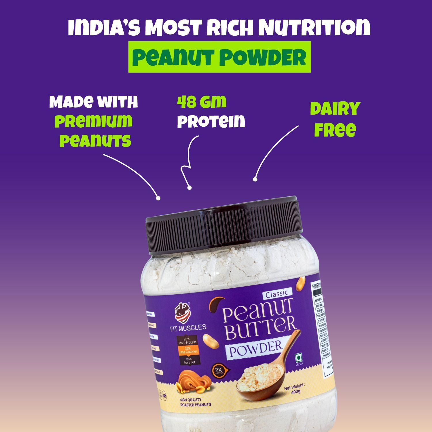 Image of Fit muscles Classic Peanut Butter Powder 400g, 48g Protein, Low Fat, Easy Mix Healthy Fuel
