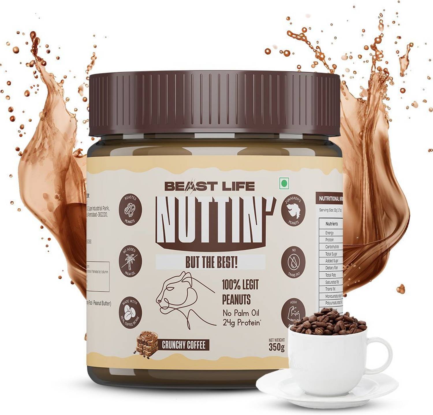BeastLife Crunchy Coffee Peanut Butter - Non-GMO, 100% Peanuts, High Protein 350g 1