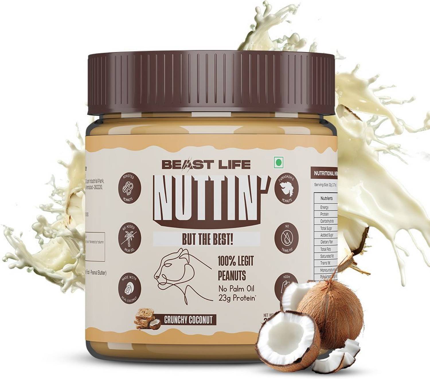 BeastLife Crunchy Coconut Peanut Butter- Non-GMO | No Palm Oil, No Transfat, 100% Peanuts