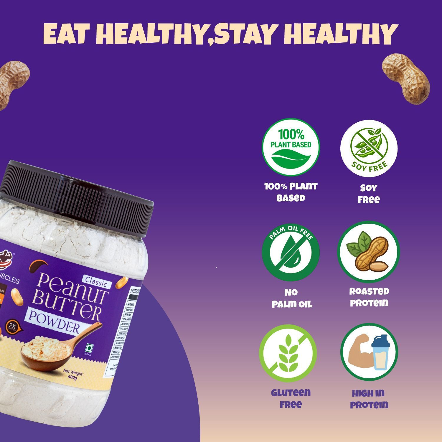 Image of Fit muscles Classic Peanut Butter Powder 400g, 48g Protein, Low Fat, Easy Mix Healthy Fuel