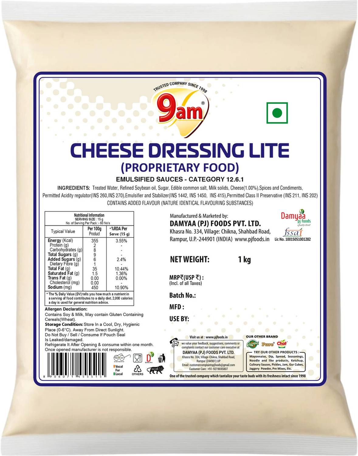 9am Cheese Dressing Lite | 1kg Pouch | Creamy Cheese Sauce for Sandwiches & Burgers
