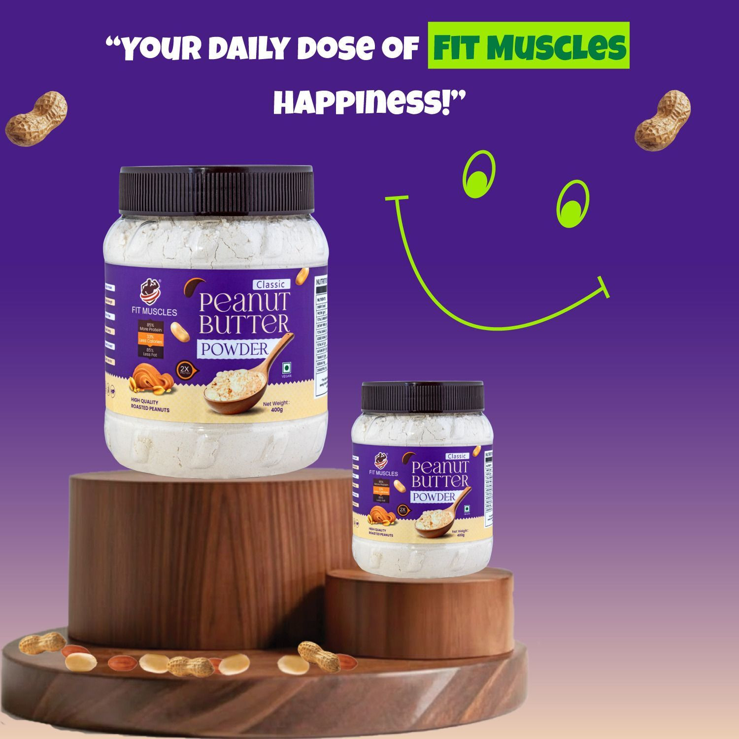 Image of Fit muscles Classic Peanut Butter Powder 400g, 48g Protein, Low Fat, Easy Mix Healthy Fuel