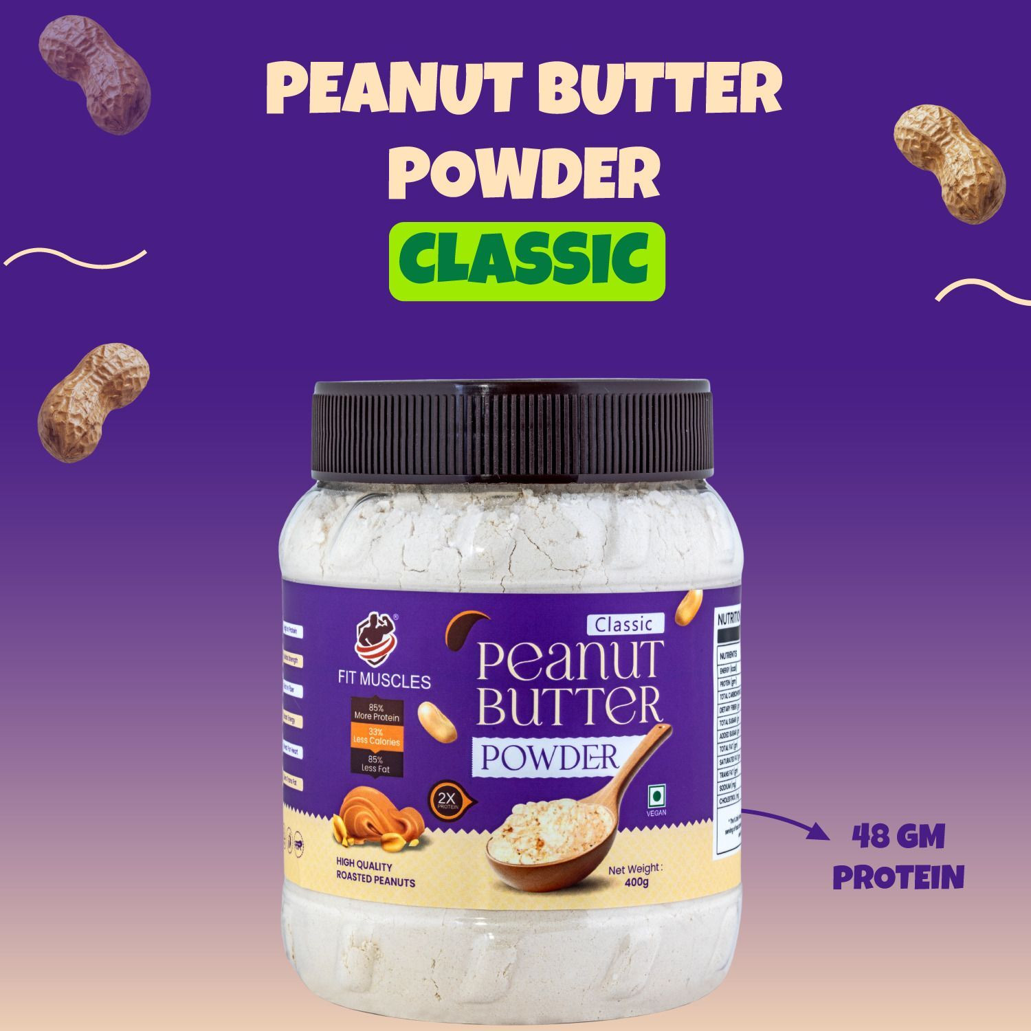 Image of Fit muscles Classic Peanut Butter Powder 400g, 48g Protein, Low Fat, Easy Mix Healthy Fuel