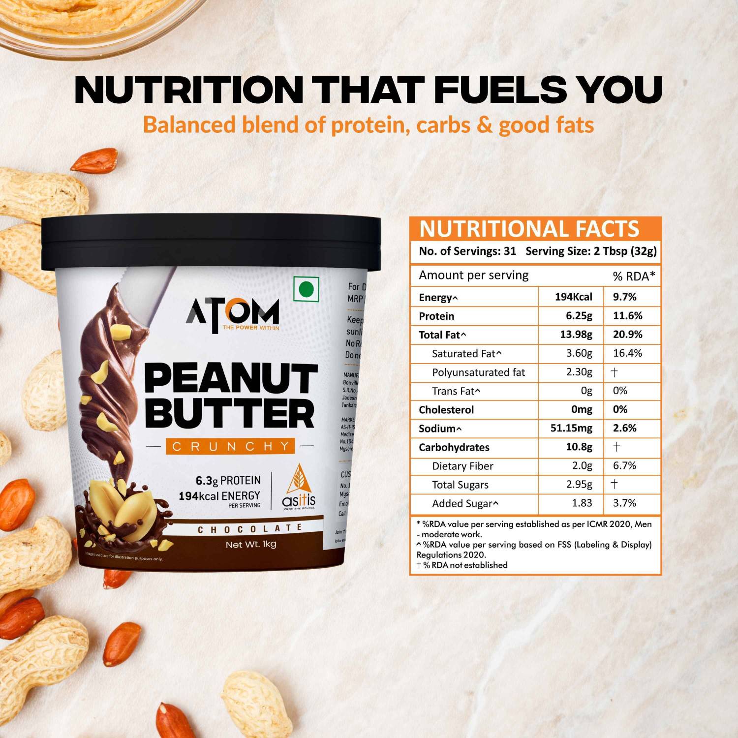 AS-IT-IS Nutrition ATOM Chocolate Peanut Butter Crunchy 1Kg Gluten