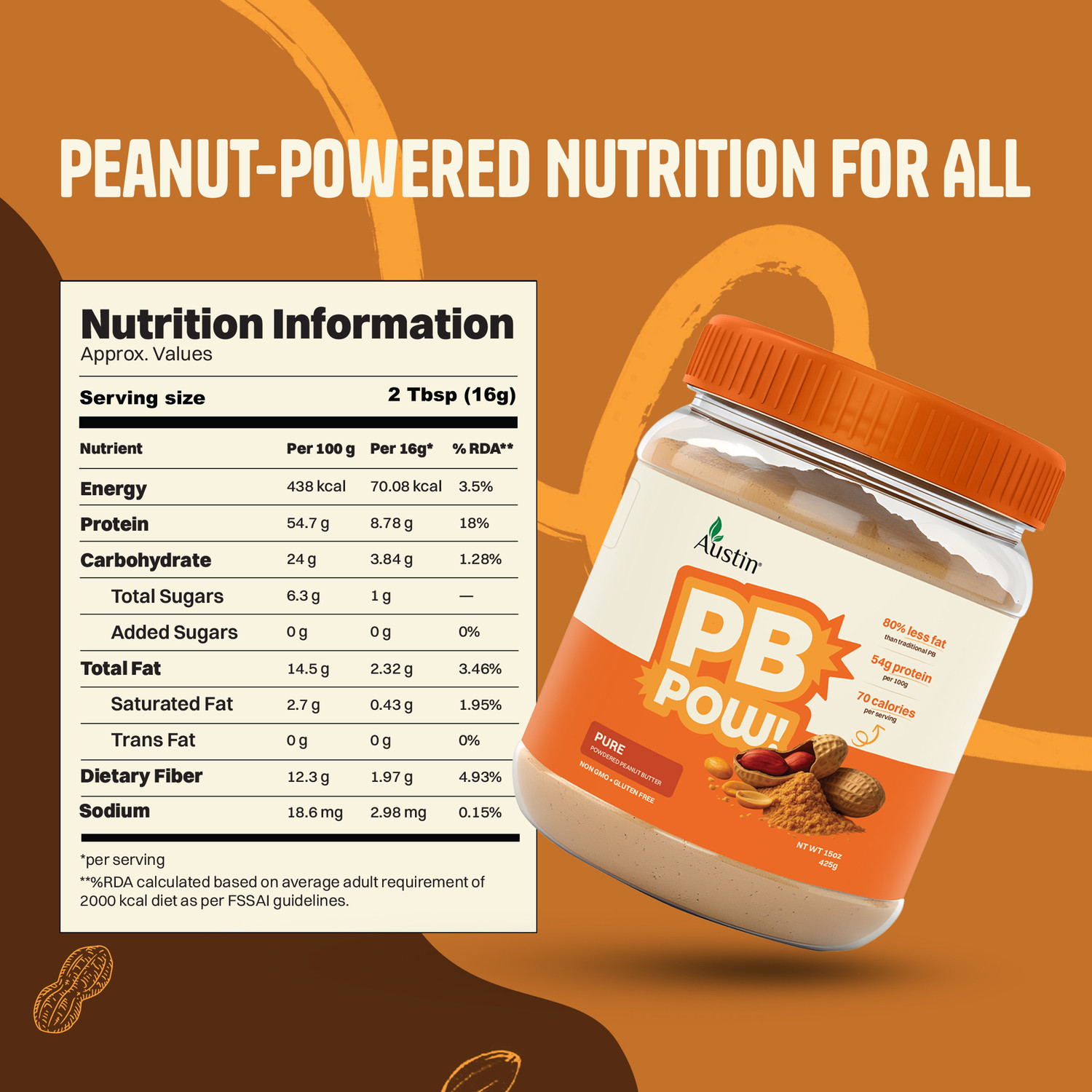Image of PBPow Pure Peanut Butter Powder | 100% Peanuts, Unsweetened Unsalted | 458g Protein in