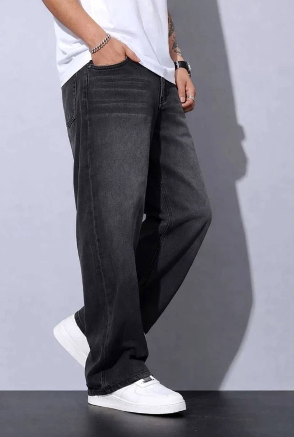Men & Women Baggy Fit Mid Rise Black, Silver Jeans - Image 2