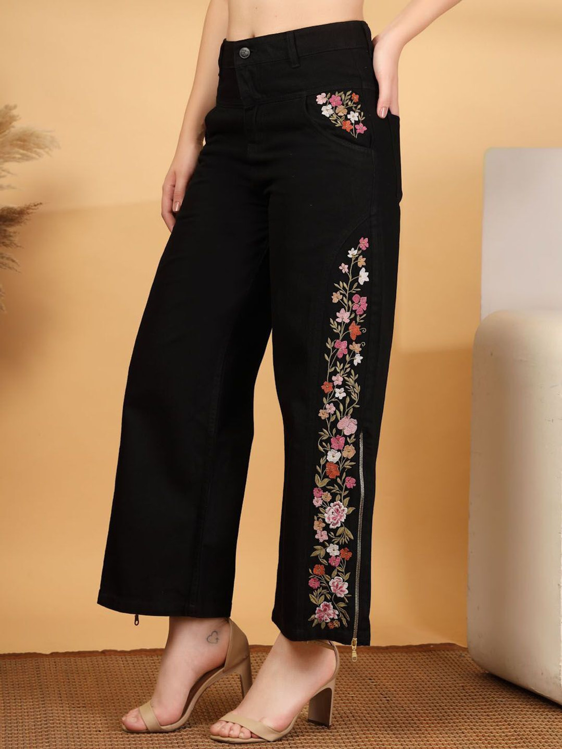 Image of Cosmic Trio Wide Leg Women Black Jeans