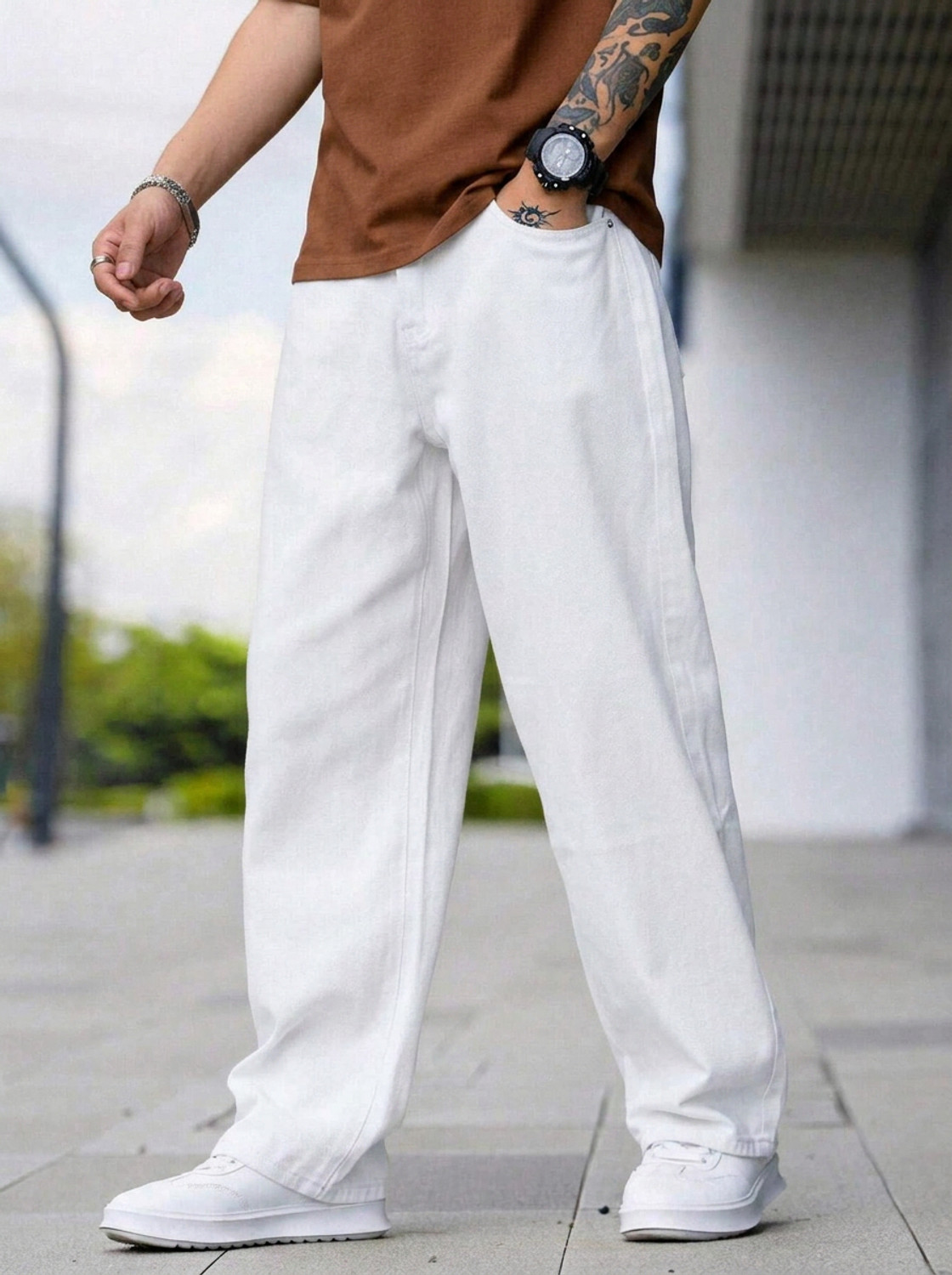 Image of ODDMONKEY Men Baggy Fit Mid Rise White Jeans