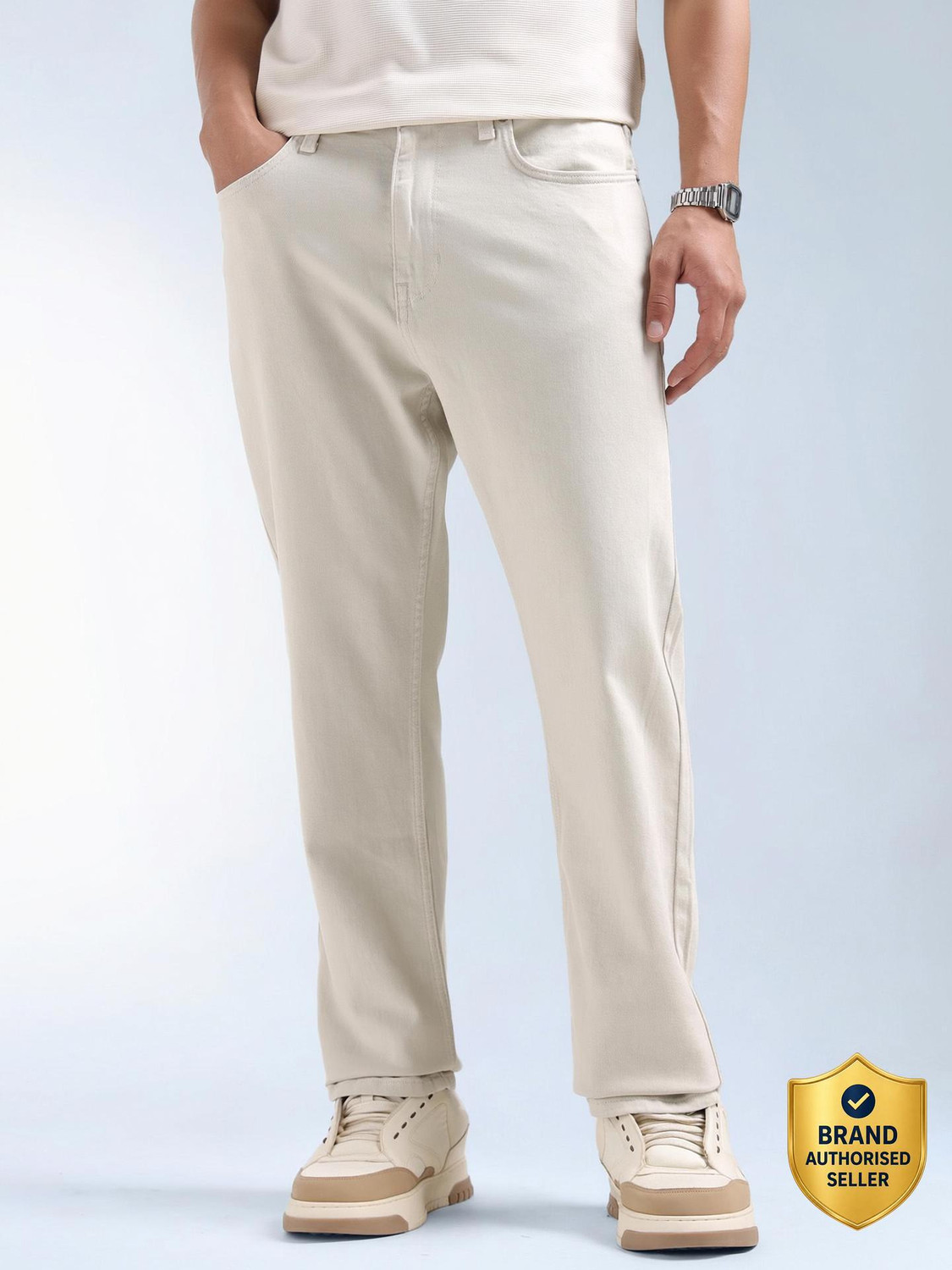 Image of FLYING MACHINE Straight Fit Men Beige Jeans