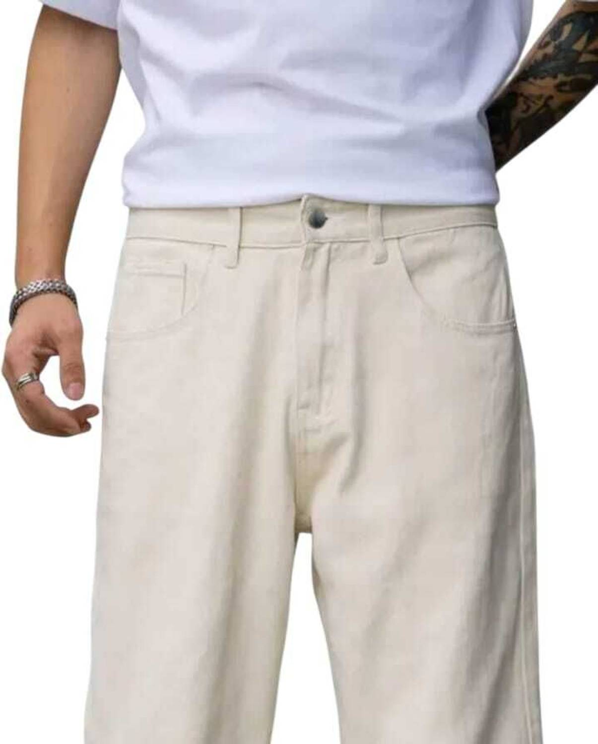 Men Loose Fit Mid Rise Beige Jeans - Image 4