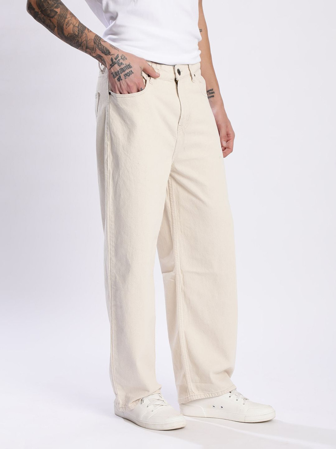 Image of Roadster Men Loose Fit Mid Rise Beige Jeans