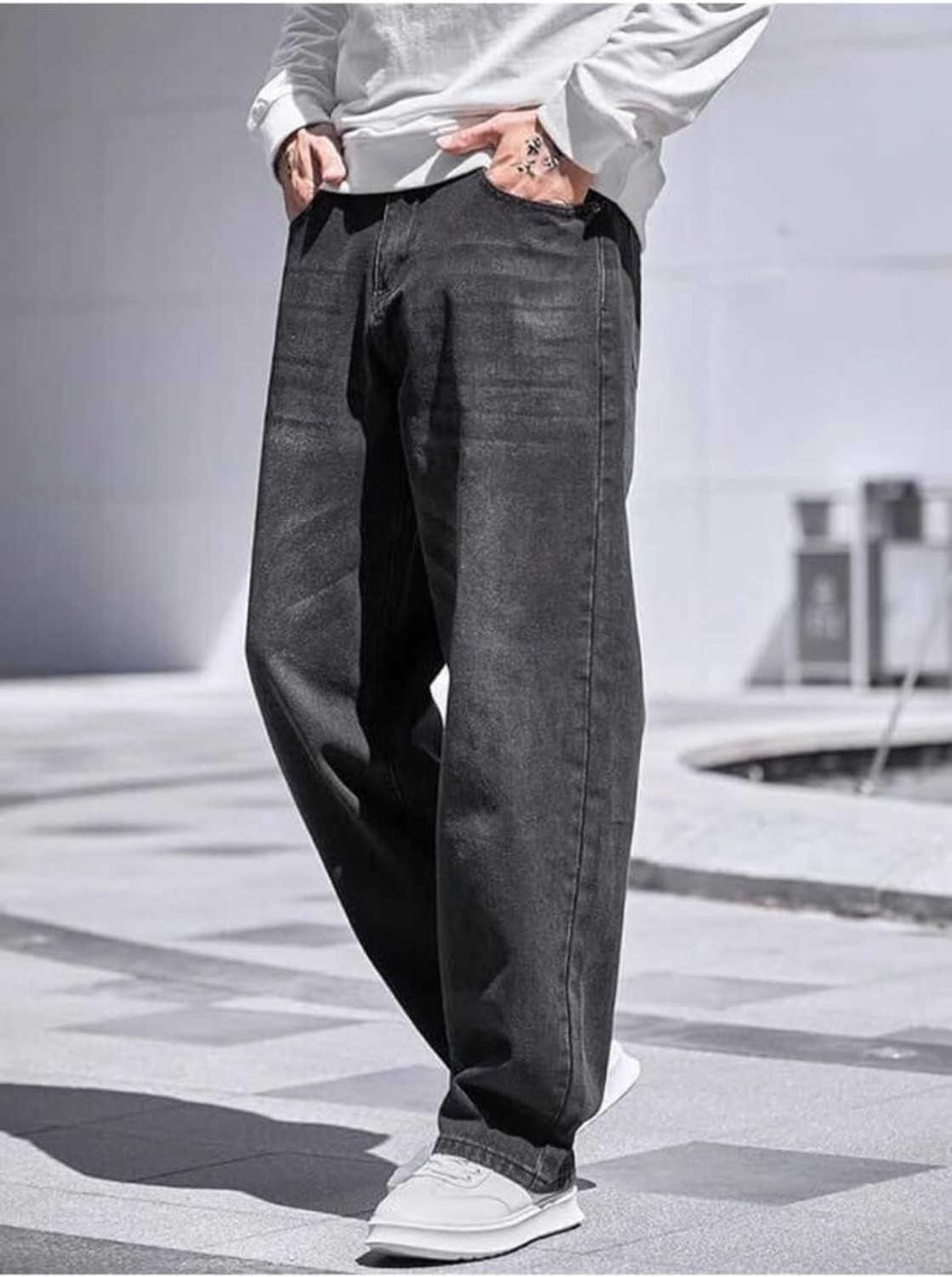 Image of FOXIEFIT Baggy Fit Men Dark Grey Jeans