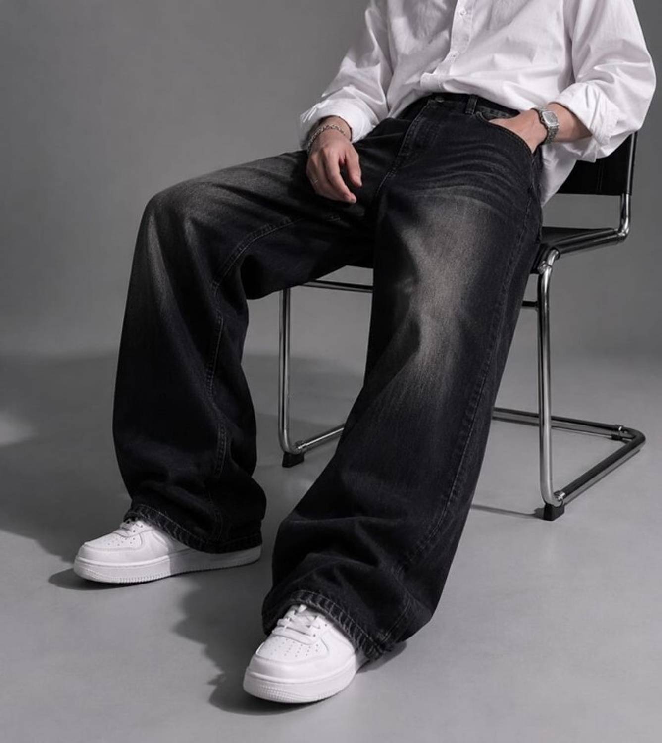 Veliume Wide Leg Men Black Jeans - Image 3