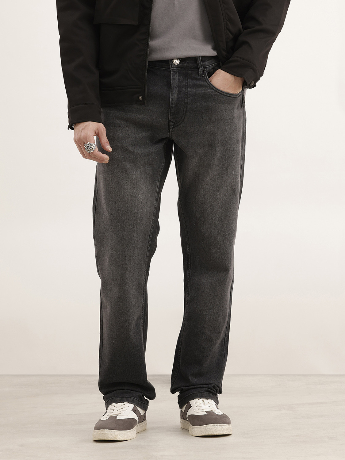 Image of WROGN Straight Fit Men Grey Jeans