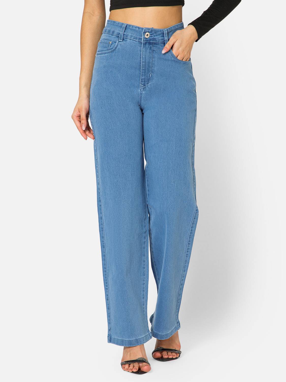 Vintage Blue Cross Straight Leg Denim Cross Button Straight Jeans 
