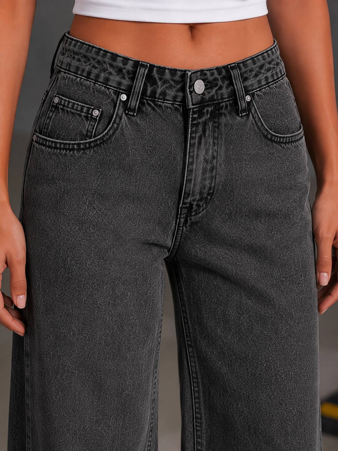 WOMANLACE Wide Leg Dark Grey Jeans - Image 4