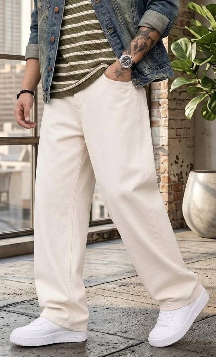 FLAYING Loose Fit Men Beige Jeans - Image 1