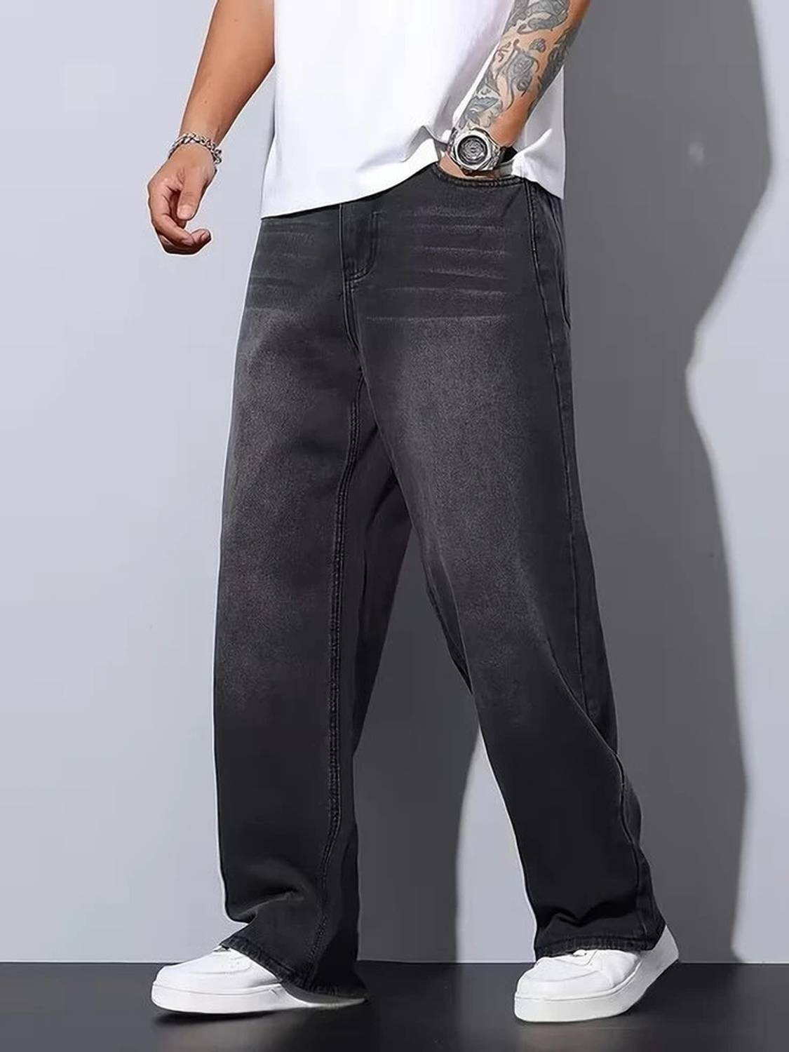 angerlook Baggy Fit Men Black Jeans