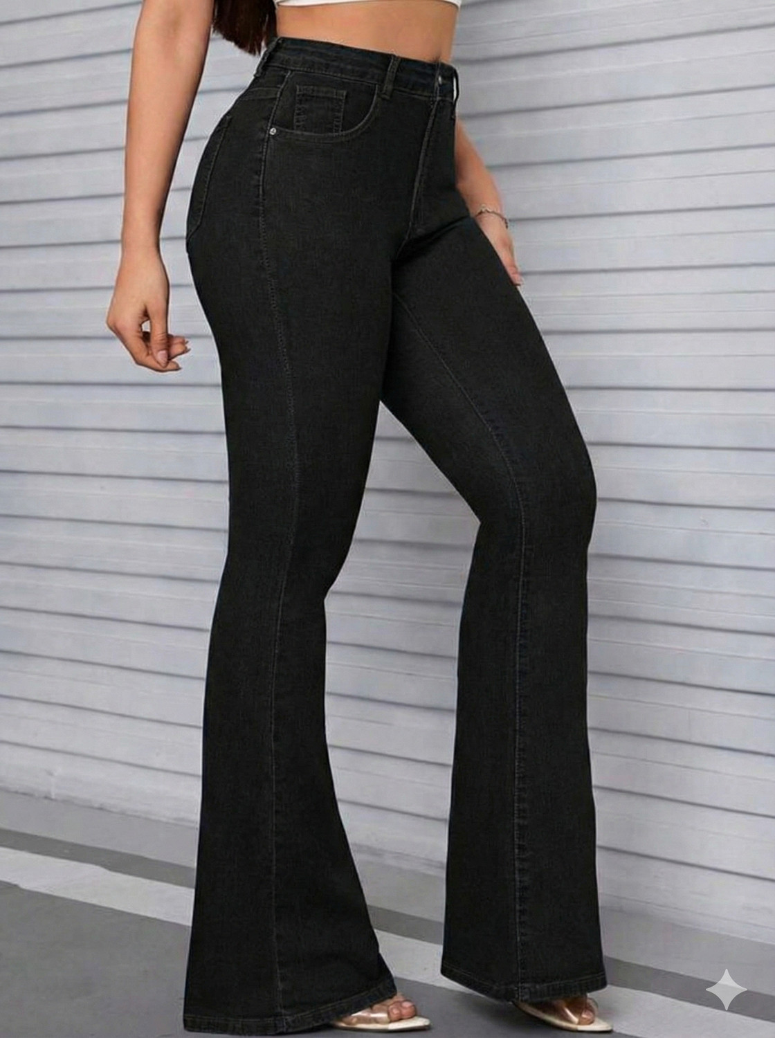 Image of silver threads Flared Women Black Jeans