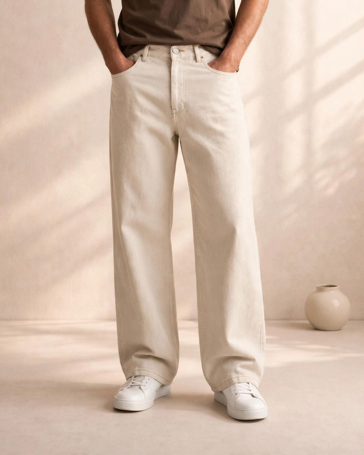 Image of Mast & Harbour Men Regular Mid Rise Beige Jeans