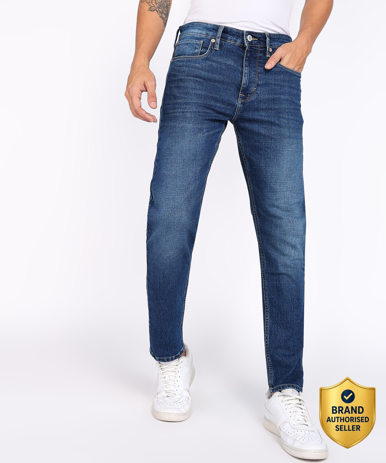 Image of FLYING MACHINE Men Slim Mid Rise Dark Blue Jeans