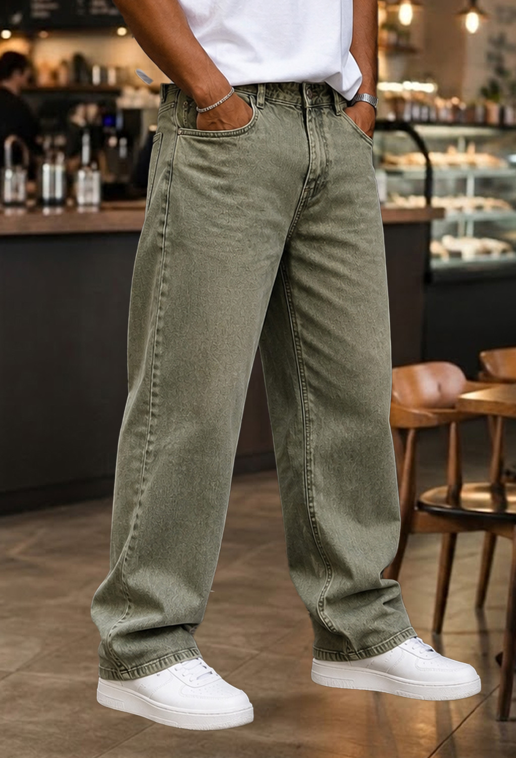 Image of 90 Miles Men Loose Fit Mid Rise Green Jeans