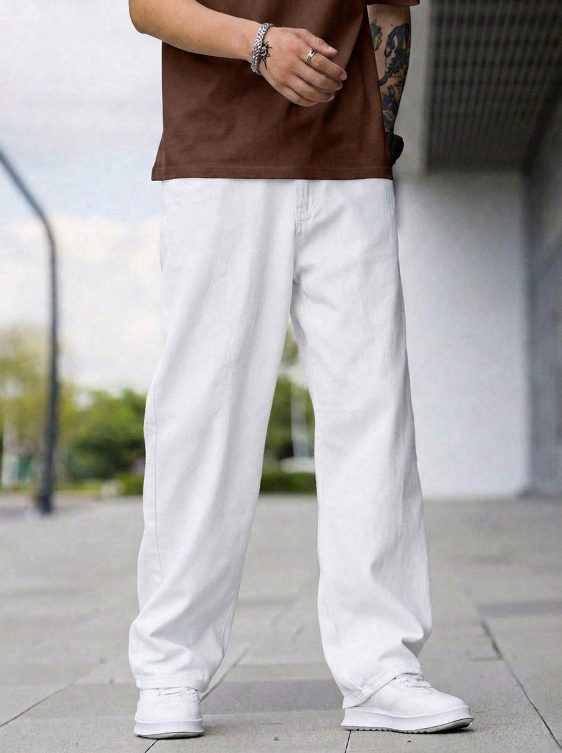 Image of ODDMONKEY Men Baggy Fit Mid Rise White Jeans