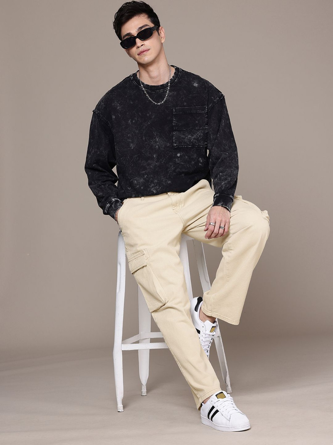 Image of WROGN Relaxed Fit Men Beige Jeans