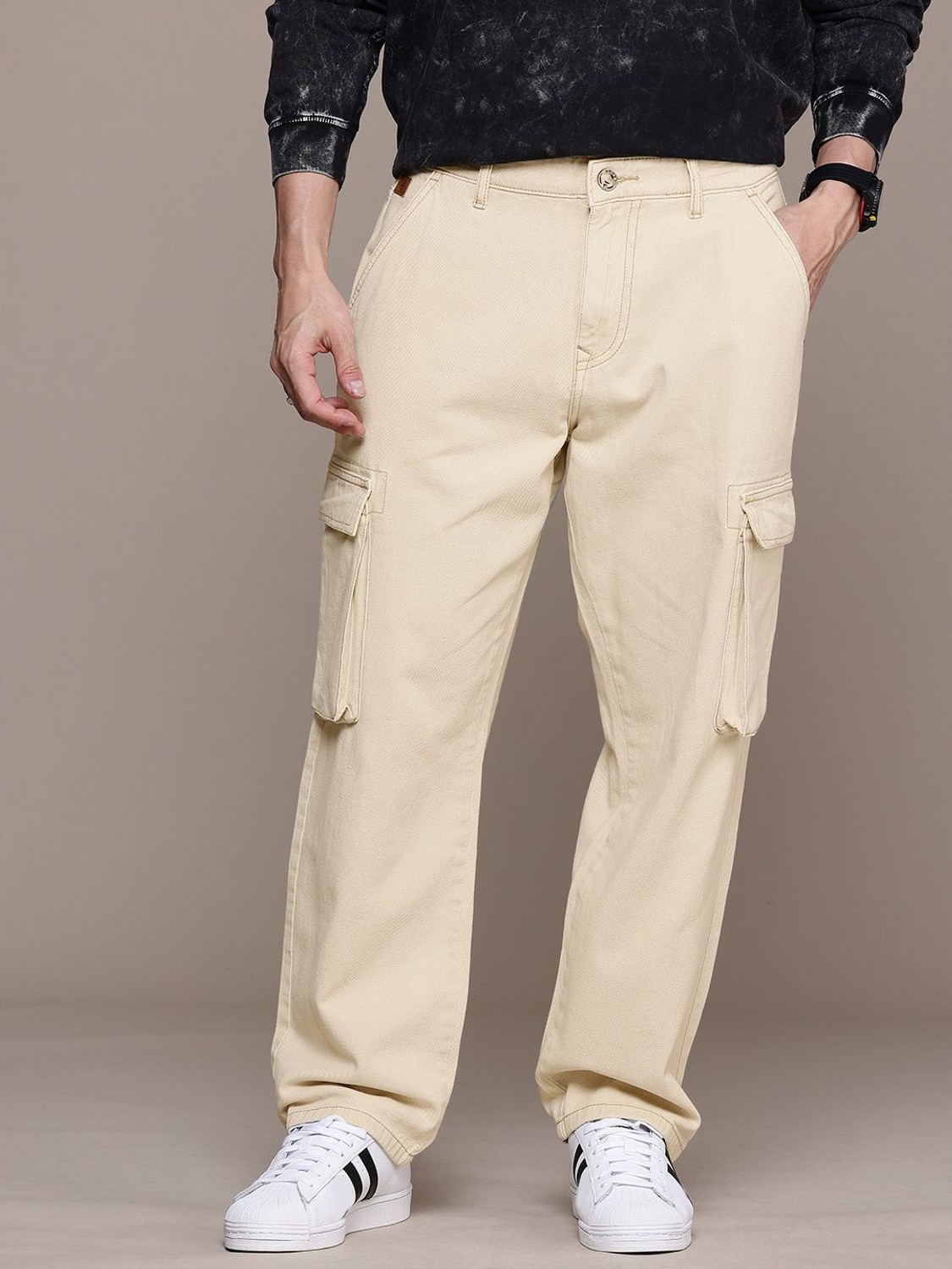 Image of WROGN Relaxed Fit Men Beige Jeans