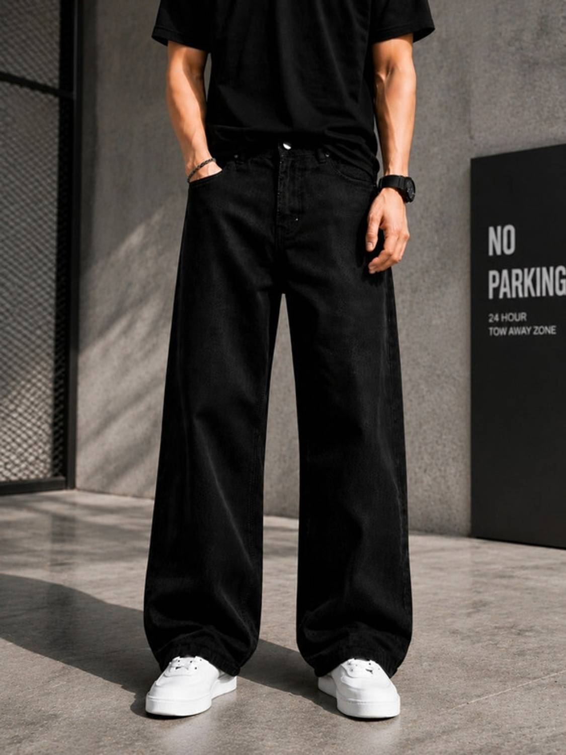 BLACKICON Men Baggy Fit Mid Rise Black Jeans - Image 1