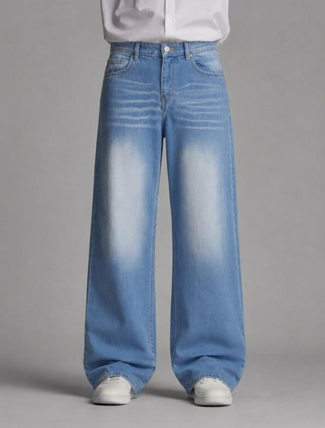 Image of Veliume Men Wide Leg Mid Rise Light Blue Jeans