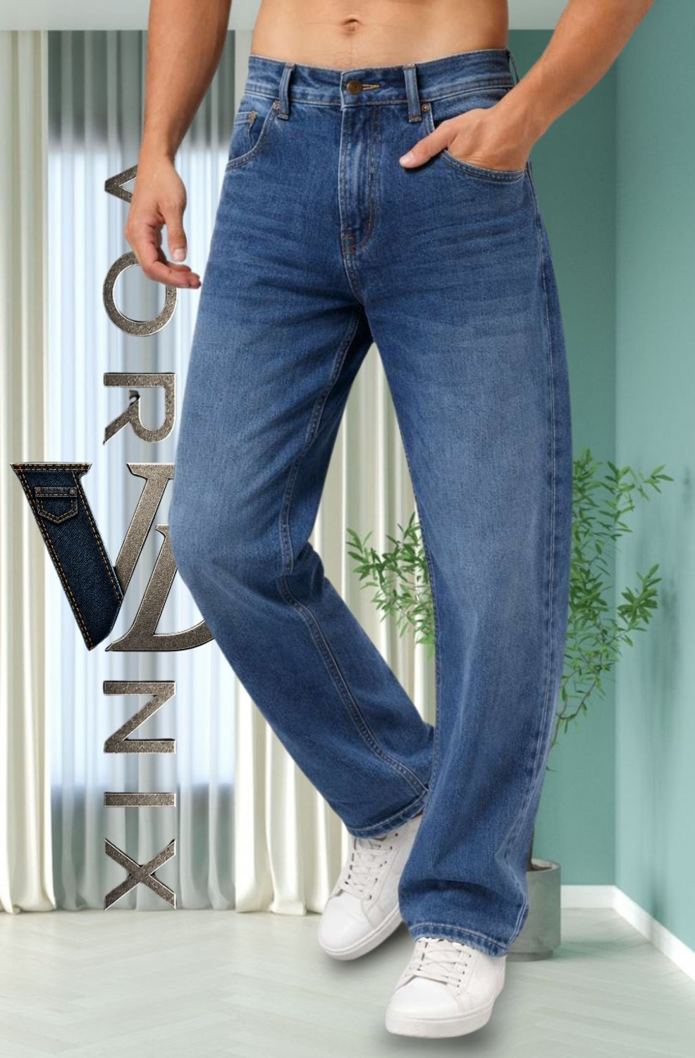 Image of VORNIX DENIM Men Loose Fit Mid Rise Blue Jeans