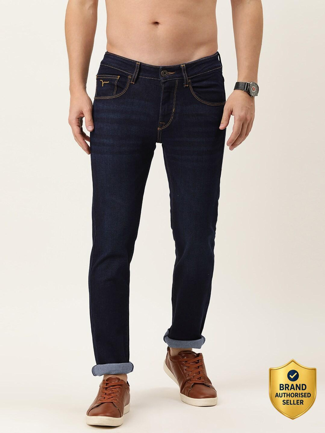 Image of FLYING MACHINE Men Skinny Low Rise Dark Blue Jeans