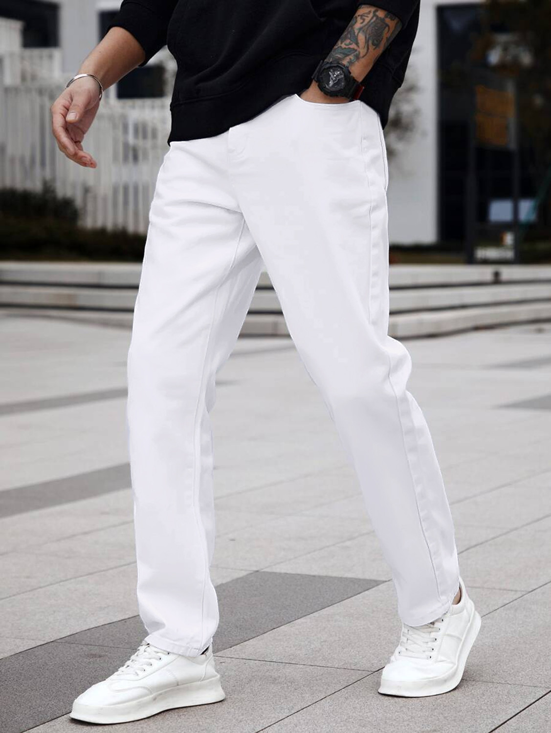 Image of VOOTER Men Straight Fit Mid Rise White Jeans