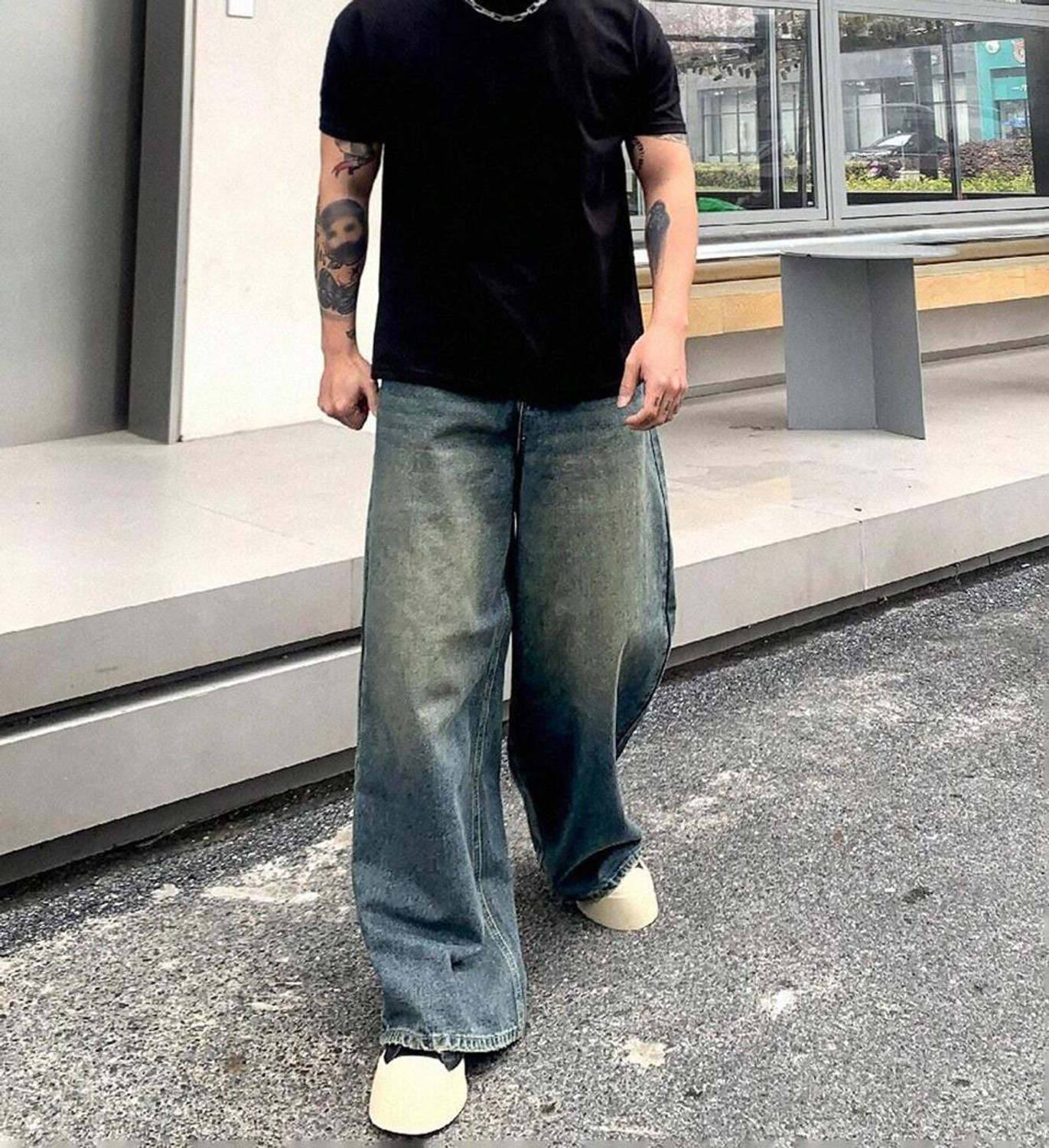 Image of H&H Wide Leg Men Green Jeans