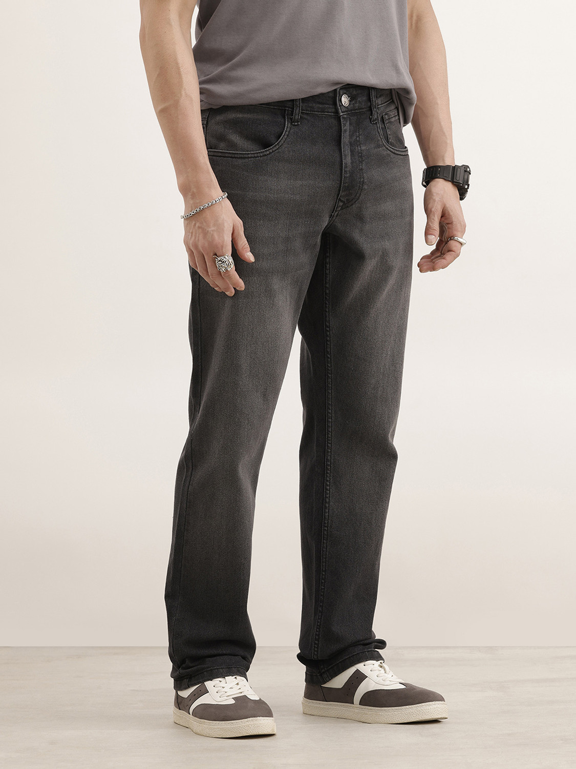 Image of WROGN Straight Fit Men Grey Jeans