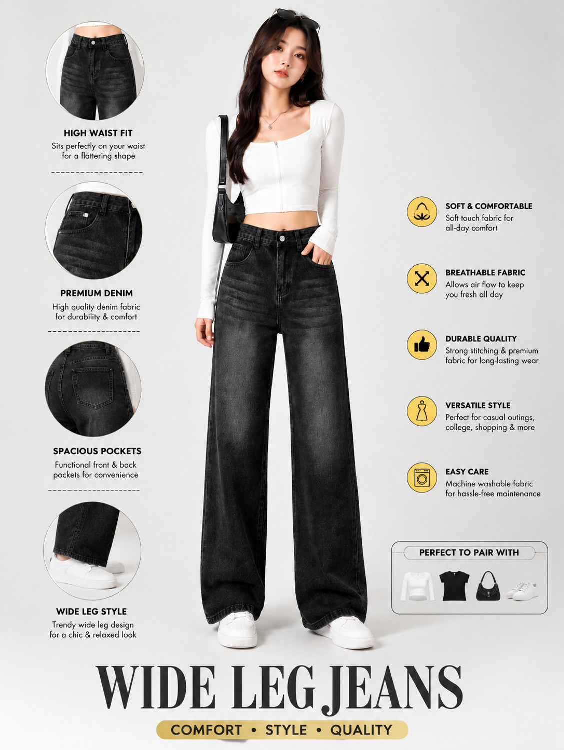 Image of ADIANADI Wide Leg Women Black Jeans