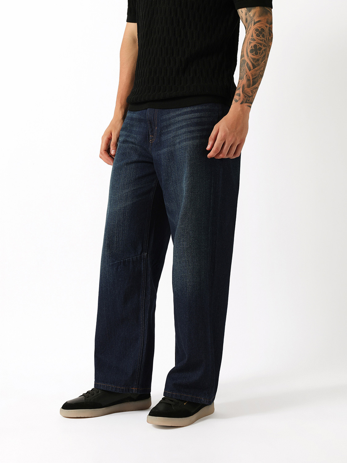 Image of THE BEAR HOUSE Men Baggy Fit Mid Rise Dark Blue Jeans