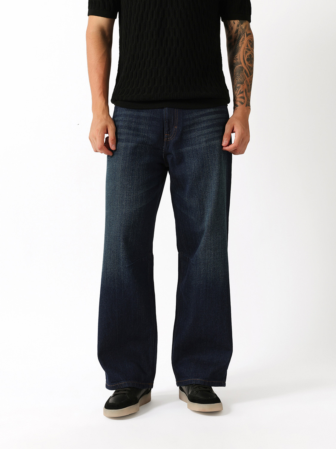 Image of THE BEAR HOUSE Men Baggy Fit Mid Rise Dark Blue Jeans