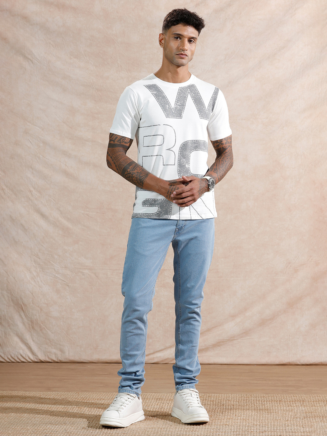 Image of WROGN Tapered Fit Men Blue Jeans