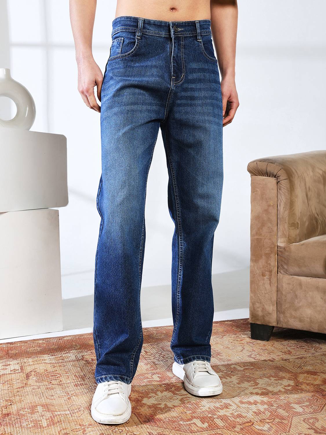 Denim Look Loose Fit Men Blue Jeans