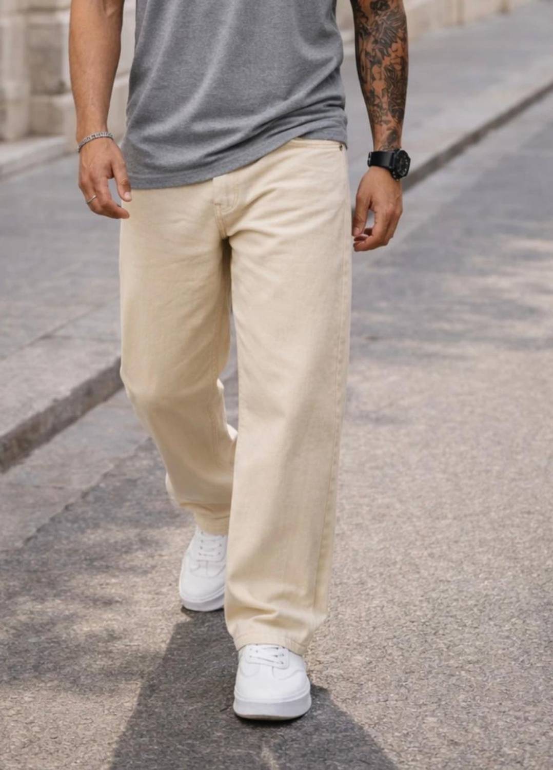 FLAYING Loose Fit Men Beige Jeans