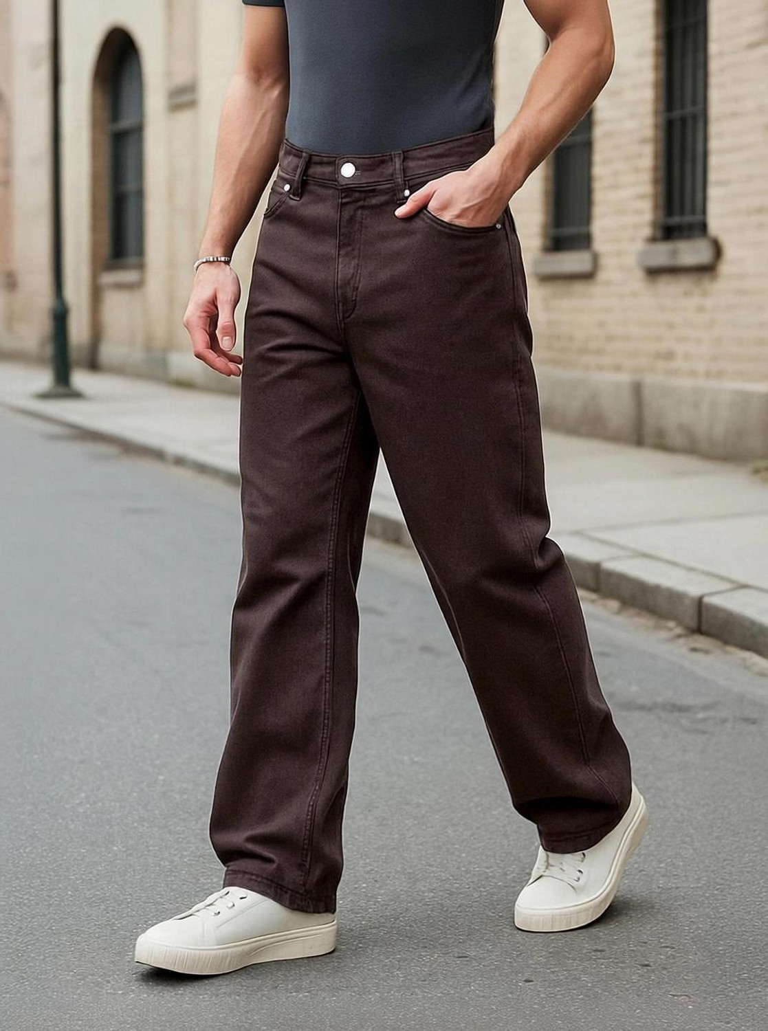 Image of BEWAKOOF Baggy Loose Fit Men Brown Jeans