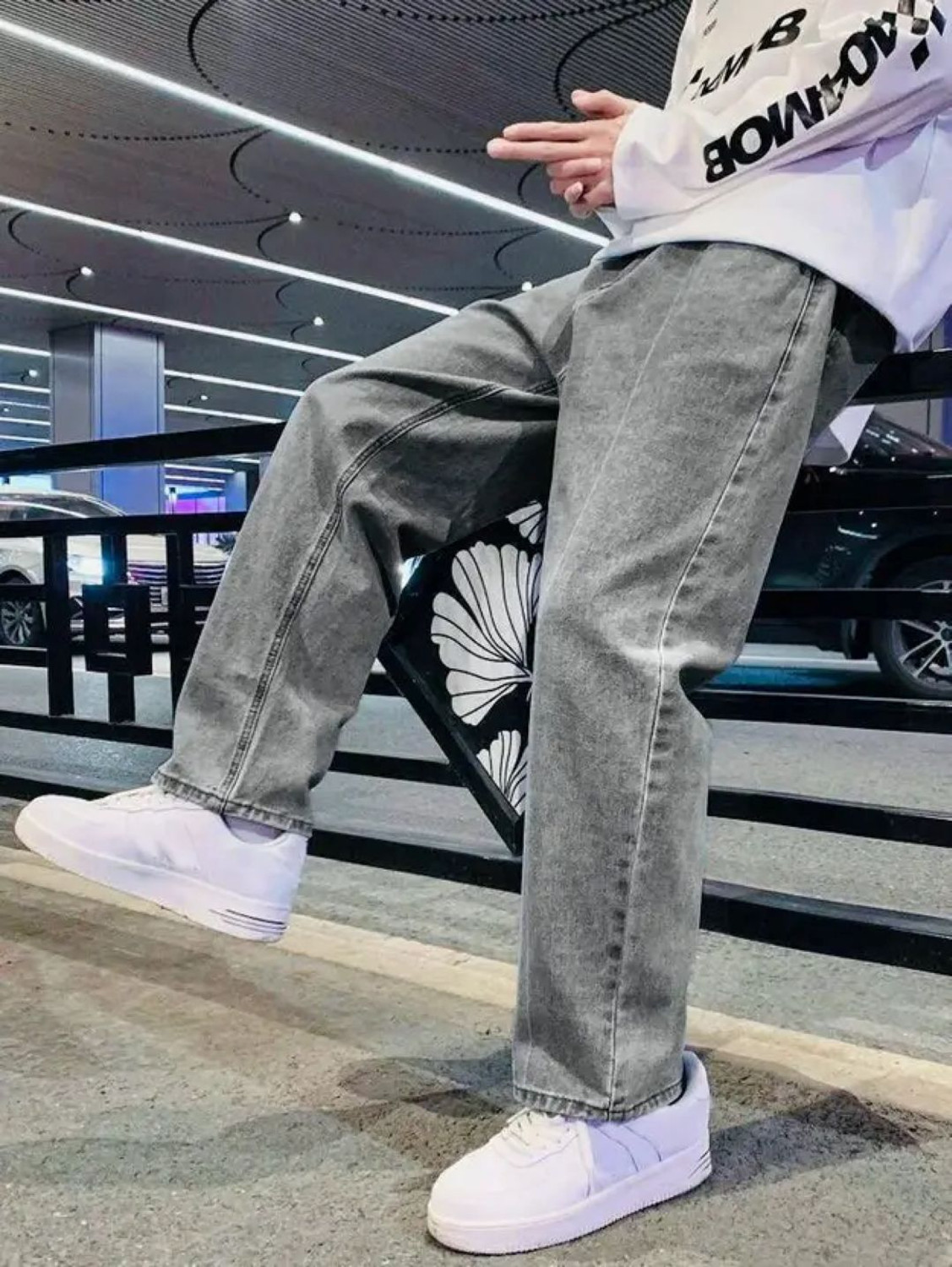 Image of White leapard Loose Fit Men Silver Jeans