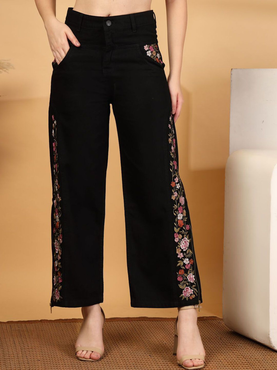 Image of Cosmic Trio Wide Leg Women Black Jeans