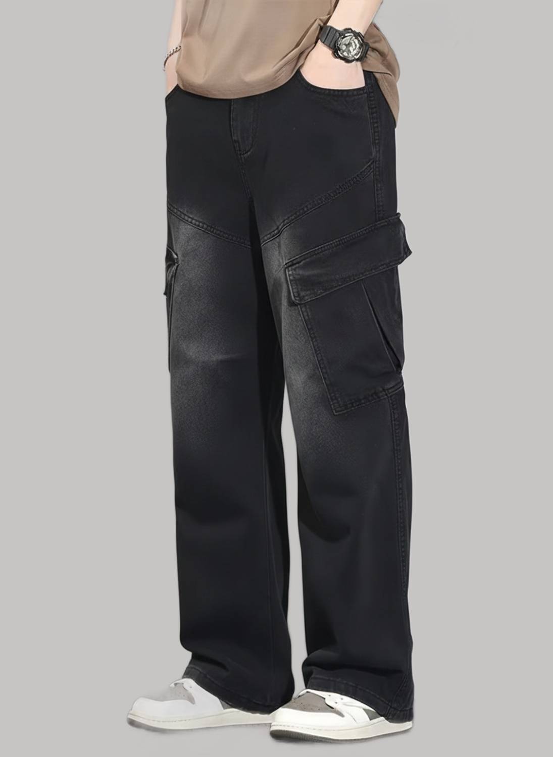 Men Loose Fit Mid Rise Black Jeans - Image 3