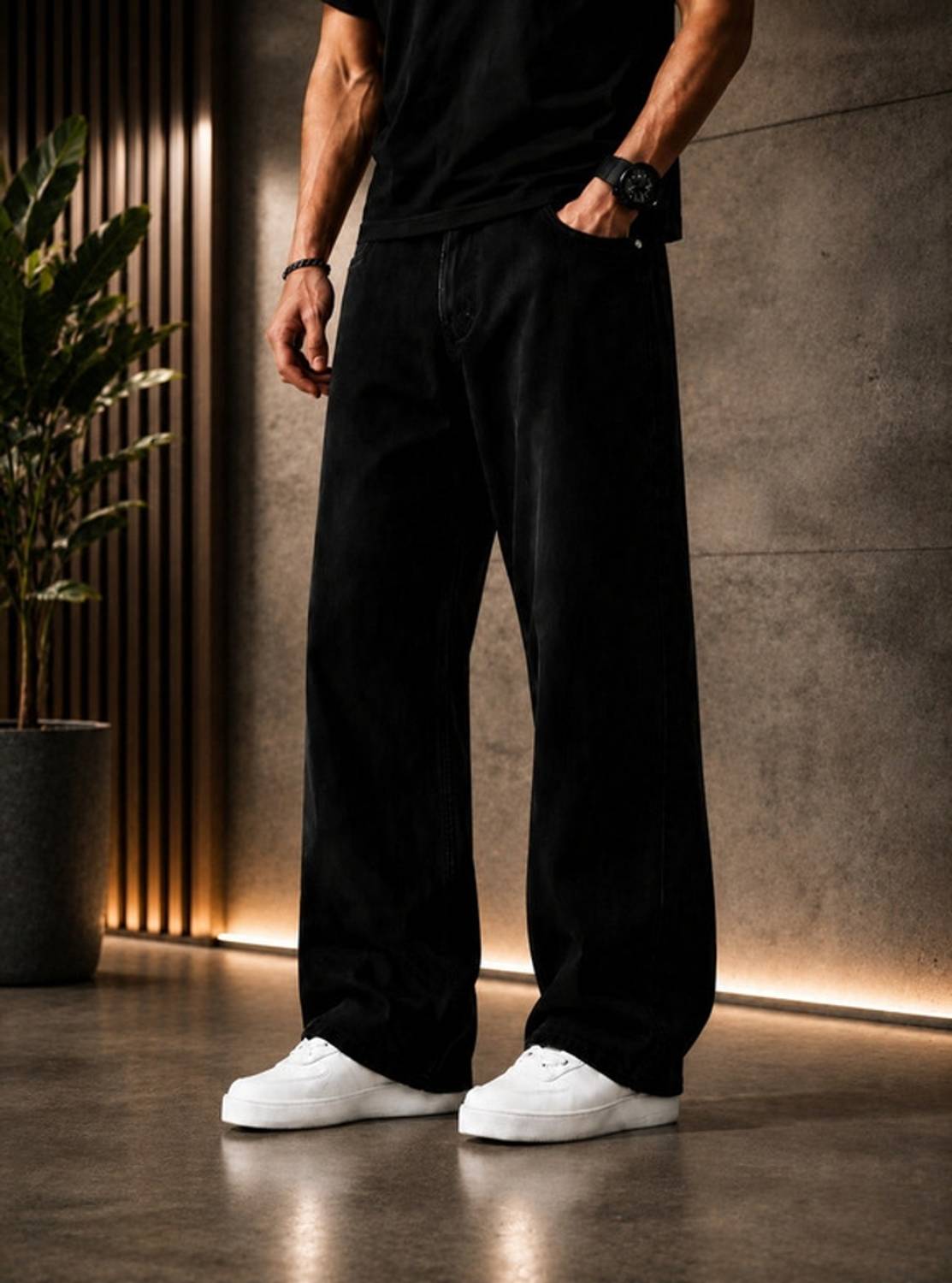BLACKICON Men Baggy Fit Mid Rise Black Jeans - Image 3