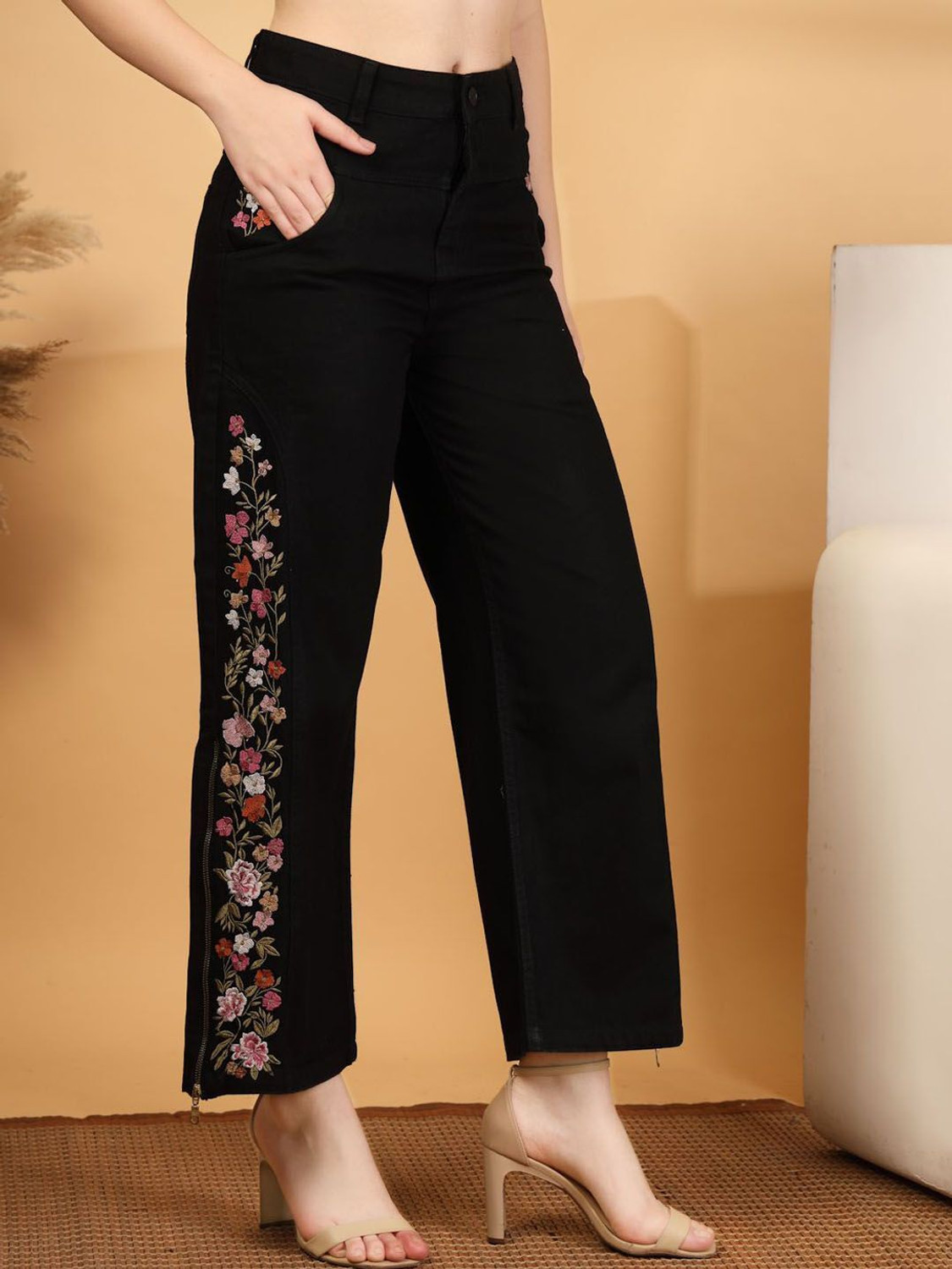 Image of Cosmic Trio Wide Leg Women Black Jeans
