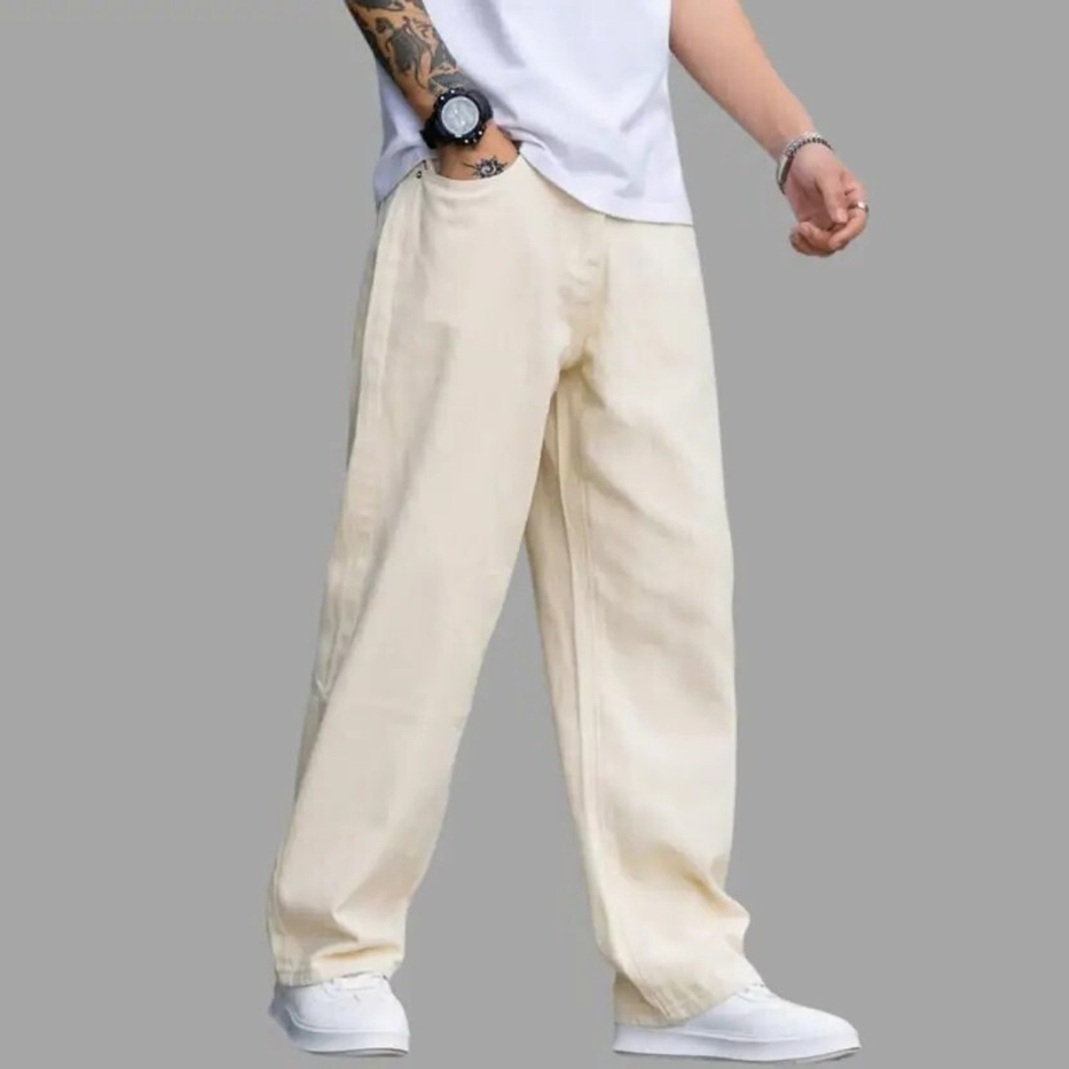 Image of Moda Rapido Loose Fit Men Beige Jeans