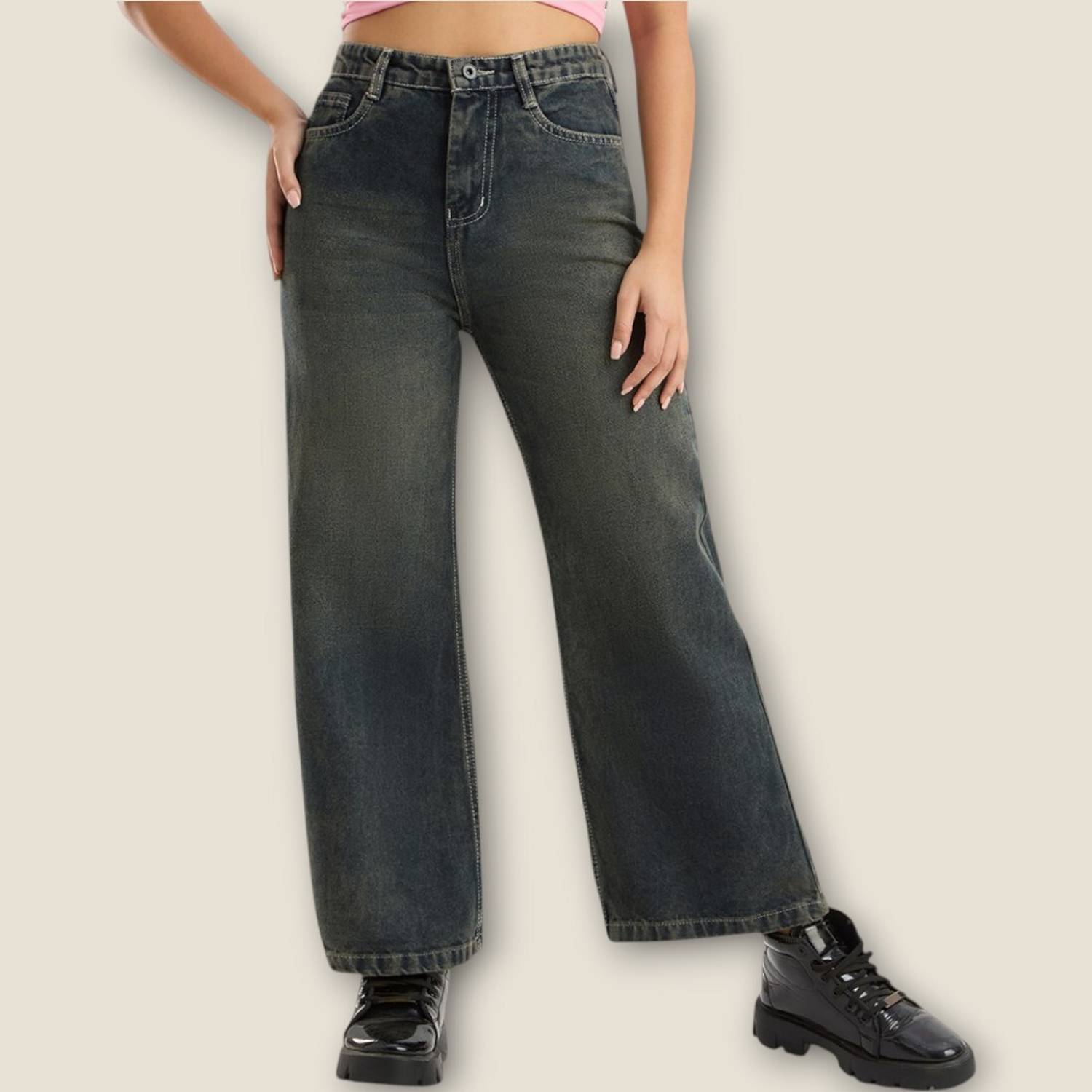3BUTTERFLIES Wide Leg Women Dark Grey Jeans
